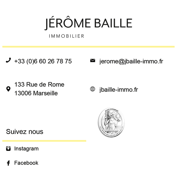La signature mail dynamique créée par l'agence digitale Bolectif pour le compte de l'agence immobilière Jérôme Baille Immobilier