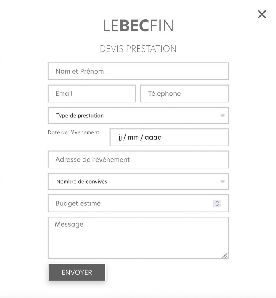 Voici le formulaire de contact personnalisé du nouveau site internet du Bec Fin créé par Bolectif, une agence de communication digitale à Marseille.